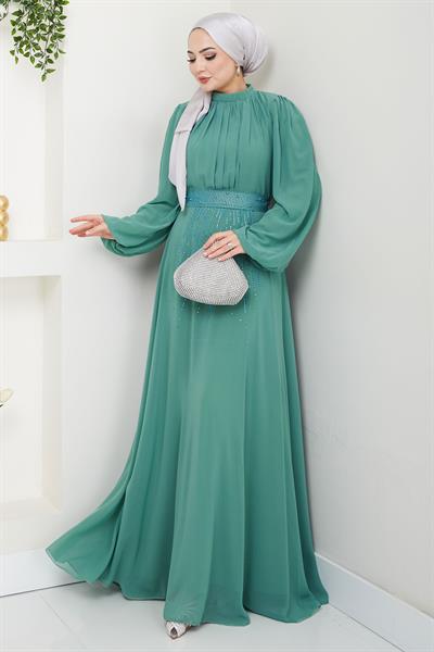 Kuşağı Taşlı Şifon Abiye Elbise Mint HM2668