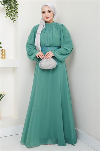 Kuşağı Taşlı Şifon Abiye Elbise Mint HM2668