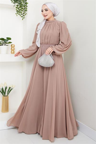 Kuşağı Taşlı Şifon Abiye Elbise Vizon HM2668