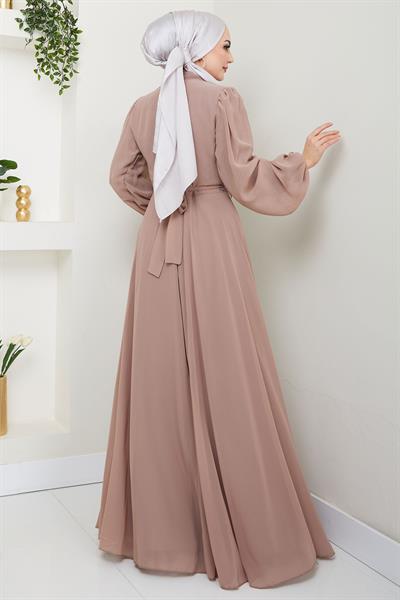 Kuşağı Taşlı Şifon Abiye Elbise Vizon HM2668