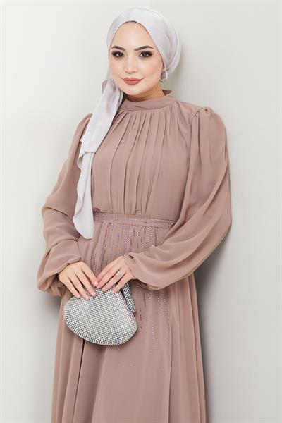 Kuşağı Taşlı Şifon Abiye Elbise Vizon HM2668