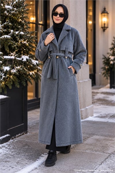 Kuşaklı Angora Tesettür Kaban Füme HM2974