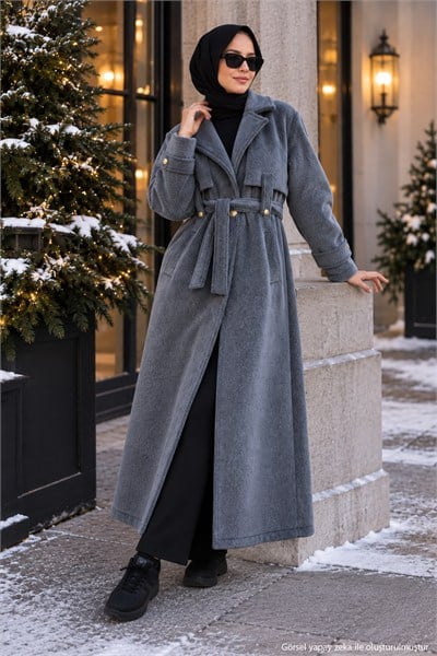 Kuşaklı Angora Tesettür Kaban Füme HM2974