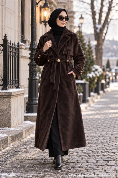 Kuşaklı Angora Tesettür Kaban Kahverengi HM2974