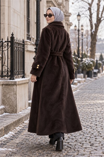 Kuşaklı Angora Tesettür Kaban Kahverengi HM2974