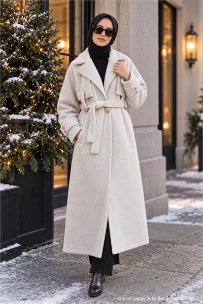 Kuşaklı Angora Tesettür Kaban Krem HM2974