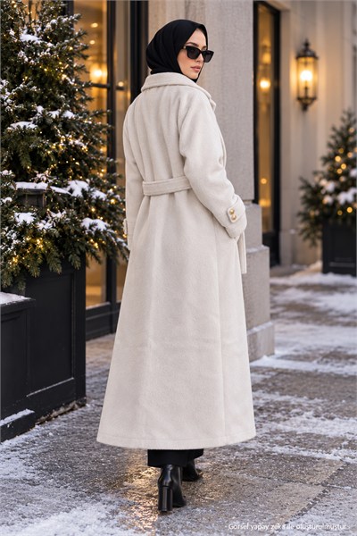 Kuşaklı Angora Tesettür Kaban Krem HM2974
