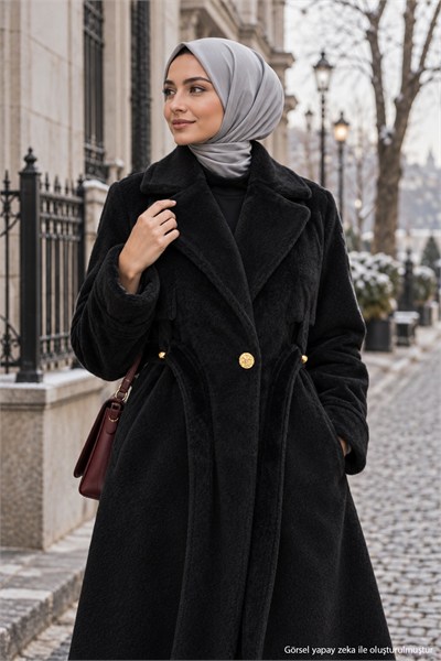 Kuşaklı Angora Tesettür Kaban Siyah HM2974