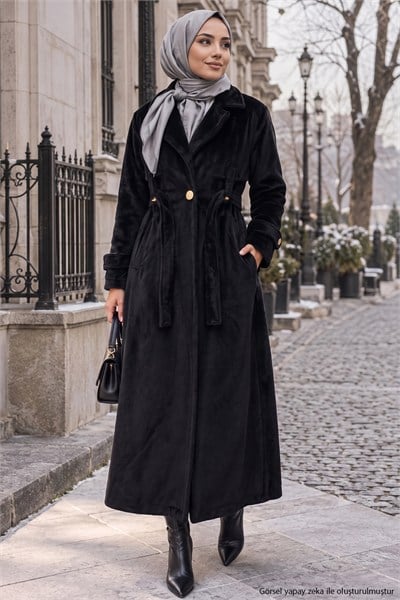 Kuşaklı Angora Tesettür Kaban Siyah HM2974