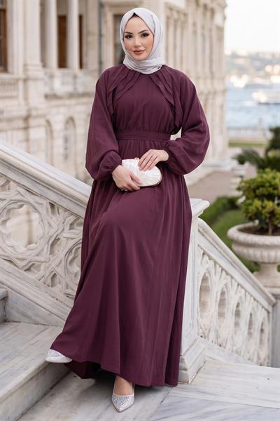 Kuşaklı Beli Lastikli Modal Elbise Bordo HM2916