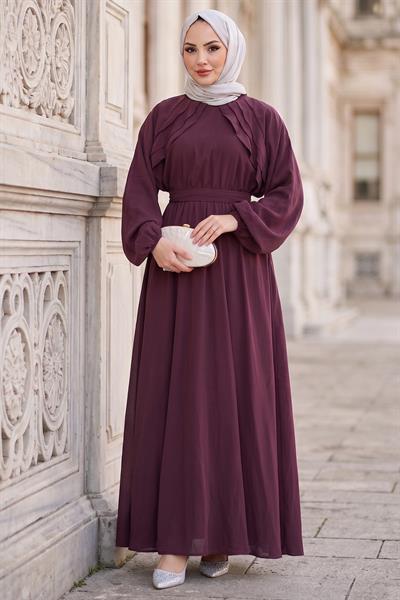 Kuşaklı Beli Lastikli Modal Elbise Bordo HM2916