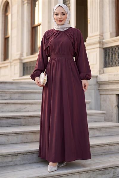 Kuşaklı Beli Lastikli Modal Elbise Bordo HM2916