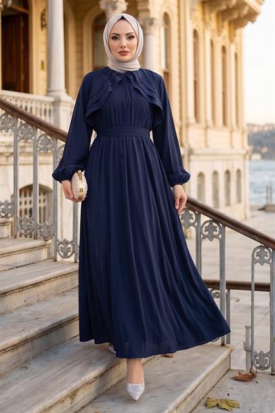 Kuşaklı Beli Lastikli Modal Elbise Lacivert HM2916