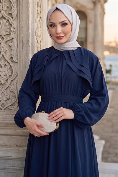 Kuşaklı Beli Lastikli Modal Elbise Lacivert HM2916