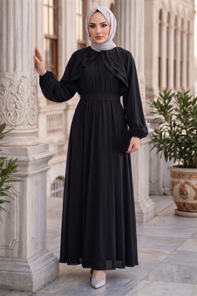 Kuşaklı Beli Lastikli Modal Elbise Siyah HM2916
