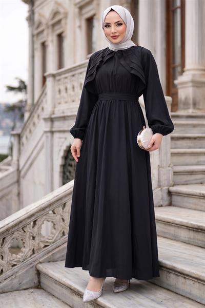 Kuşaklı Beli Lastikli Modal Elbise Siyah HM2916