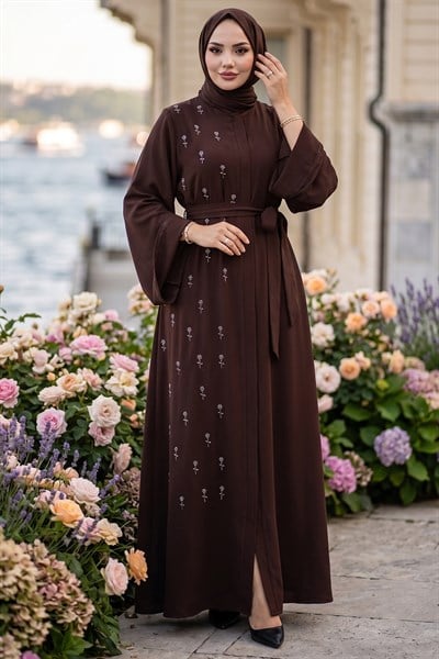 Kuşaklı Çiçek Taşlı Ferace Kahverengi HM2853