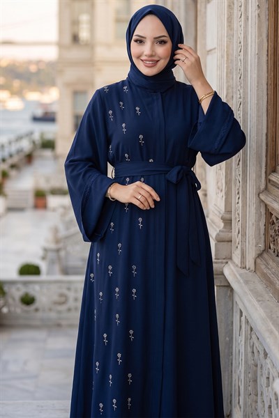 Kuşaklı Çiçek Taşlı Ferace Lacivert HM2853