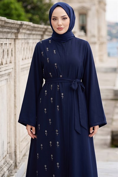 Kuşaklı Çiçek Taşlı Ferace Lacivert HM2853
