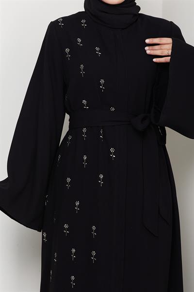 Kuşaklı Çiçek Taşlı Ferace Siyah HM2853