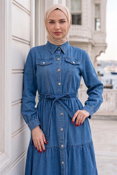 Kuşaklı Düğmeli Kot Elbise HM262764 Açık Mavi