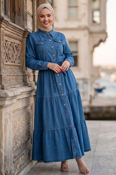 Kuşaklı Düğmeli Kot Elbise HM262764 Açık Mavi