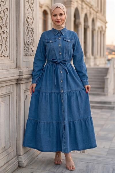 Kuşaklı Düğmeli Kot Elbise HM262764 Açık Mavi