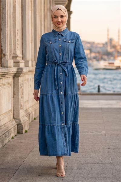 Kuşaklı Düğmeli Kot Elbise HM262764 Açık Mavi