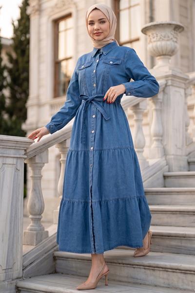Kuşaklı Düğmeli Kot Elbise HM262764 Açık Mavi