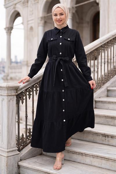Kuşaklı Düğmeli Kot Elbise Siyah HM262764