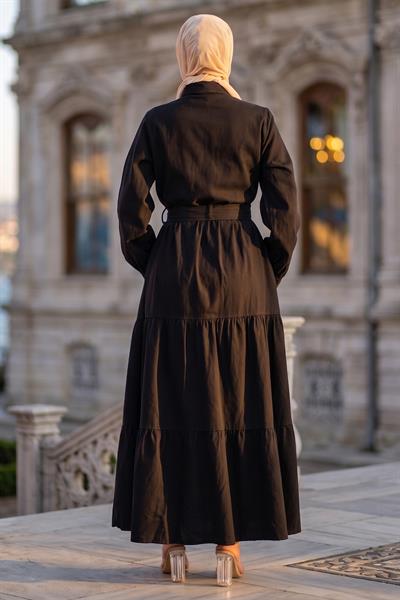 Kuşaklı Düğmeli Kot Elbise Siyah HM262764