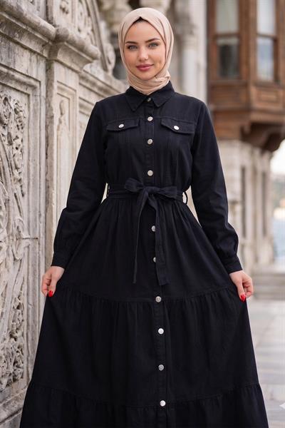 Kuşaklı Düğmeli Kot Elbise Siyah HM262764