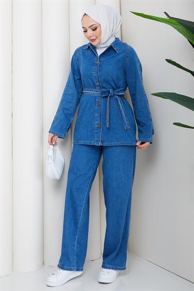 Kuşaklı Düğmeli Pantolonlu Kot Takım HM2876 Mavi