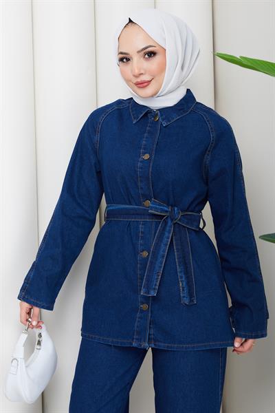 Kuşaklı Düğmeli Pantolonlu Kot Takım HM2876 Koyu Mavi