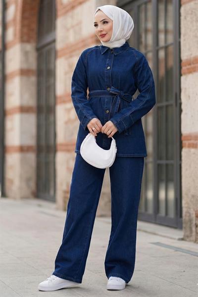 Kuşaklı Düğmeli Pantolonlu Kot Takım HM2876 Koyu Mavi