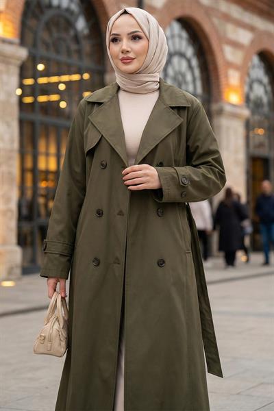 Kuşaklı Düğmeli Tamboy Trençkot Haki HM2891