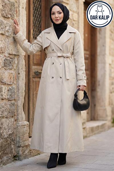 Kuşaklı Düğmeli Tamboy Trençkot Taş Rengi HM2891