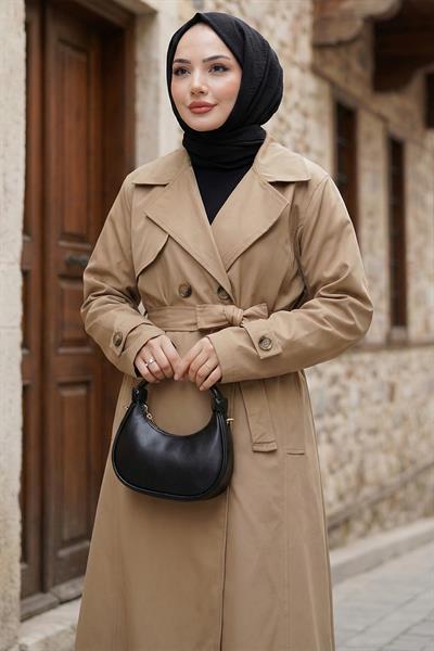 Kuşaklı Düğmeli Tamboy Trençkot Vizon HM2891