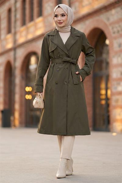Kuşaklı Düğmeli Trençkot Haki HM2890
