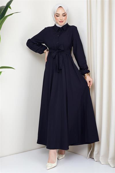 Kuşaklı Mevlana Elbise Lacivert HM2105