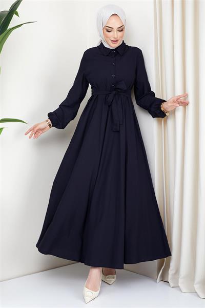 Kuşaklı Mevlana Elbise Lacivert HM2105