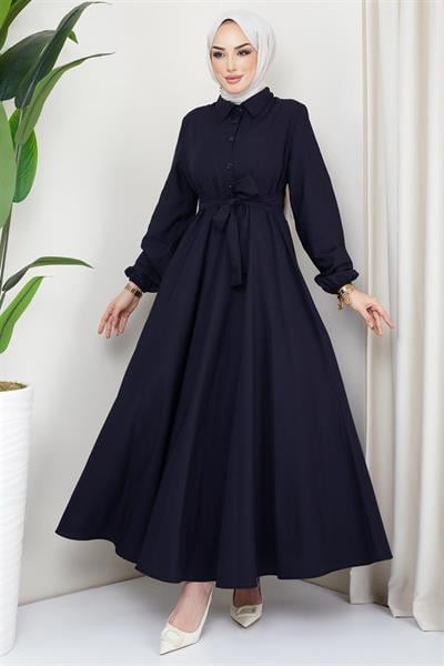 Kuşaklı Mevlana Elbise Lacivert HM2105