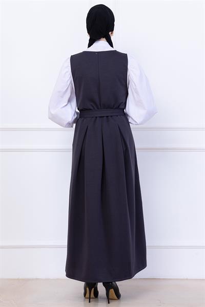 Kuşaklı Pileli Örme Jile Elbise Antrasit HM2736