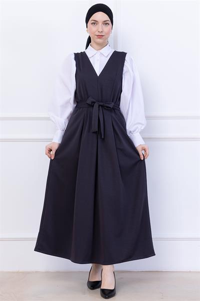 Kuşaklı Pileli Örme Jile Elbise Antrasit HM2736