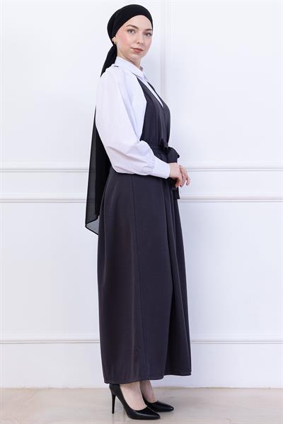 Kuşaklı Pileli Örme Jile Elbise Antrasit HM2736