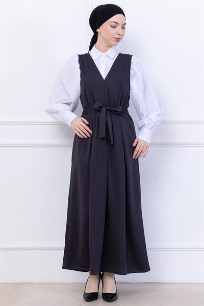 Kuşaklı Pileli Örme Jile Elbise Antrasit HM2736