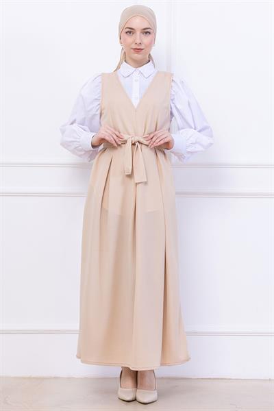 Kuşaklı Pileli Örme Jile Elbise Bej HM2736