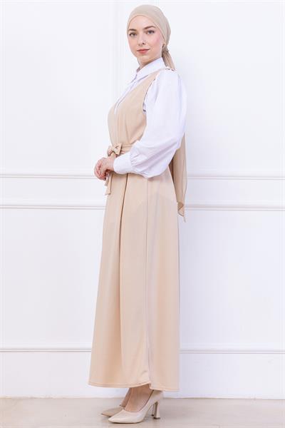 Kuşaklı Pileli Örme Jile Elbise Bej HM2736