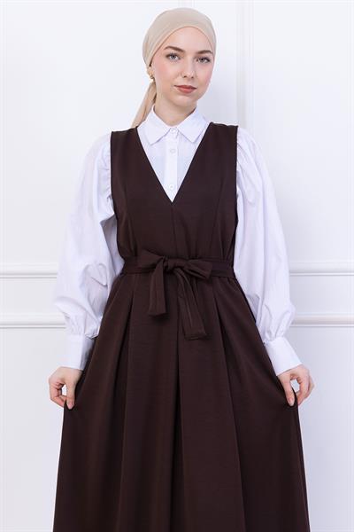 Kuşaklı Pileli Örme Jile Elbise Kahverengi HM2736
