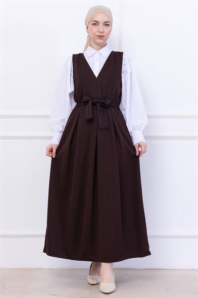 Kuşaklı Pileli Örme Jile Elbise Kahverengi HM2736